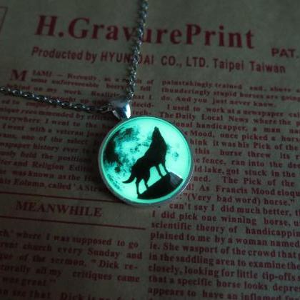 Green Moon Wolf, Wolf Necklace, Prom Jewelry,..