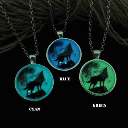 Green Moon Wolf, Wolf Necklace, Prom Jewelry,..
